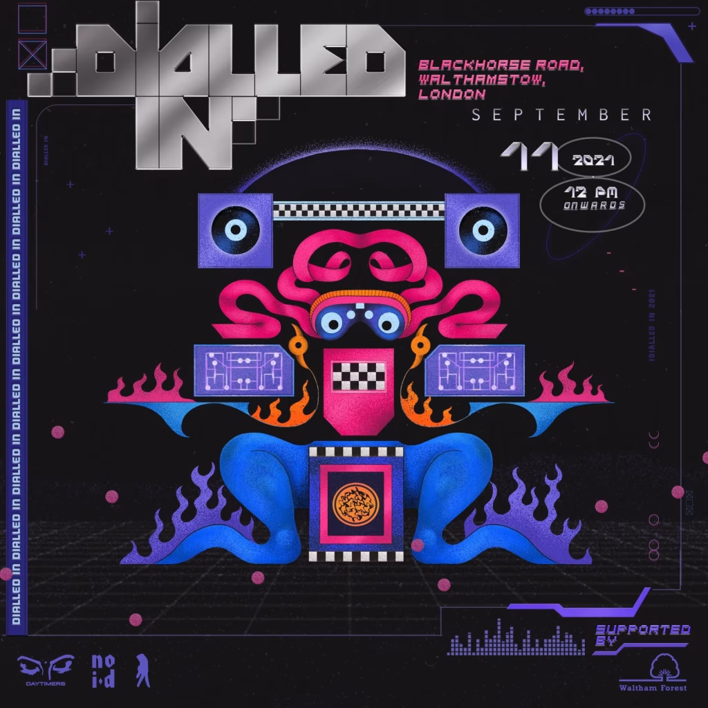 The promotional poster for London's "Dialled In" South Asian festival features a colorful, geometric design with the event name, location (Blackhorse Road, Walthamstow, London), and date (September 11, 2021) prominently displayed alongside supporting organizations. - midnightrebels.com
