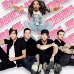 All Time Low poses seated in front of a "REMEMBERING SUNDAY" backdrop, while Steve Aoki leaps above them with arms outstretched. - midnightrebels.com
