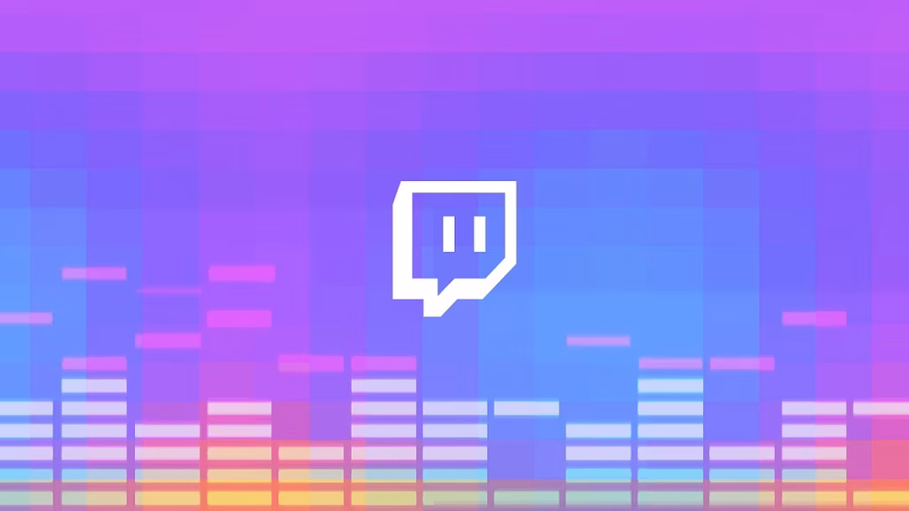 A stylized image depicts the white Twitch logo over a pixelated background featuring purple and blue hues, with graphic equalizer bars at the bottom in rainbow colors. - midnightrebels.com