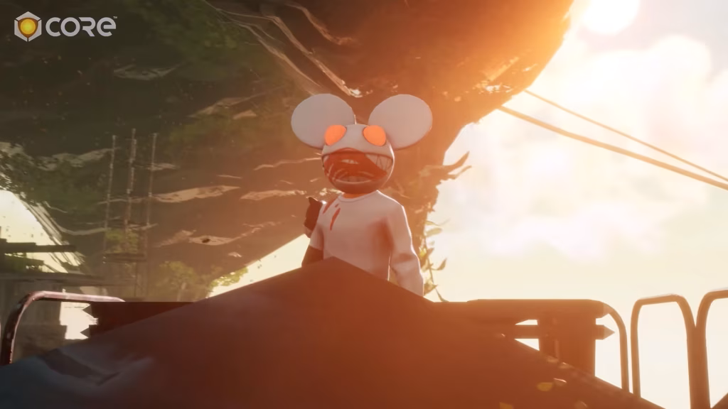 In a promotional image for Deadmau5's Core game experience, a cartoonish, sinister Deadmau5 avatar with a white mouse head, orange eyes, and a bloody mouth, stands overlooking a surreal, overgrown landscape. - midnightrebels.com