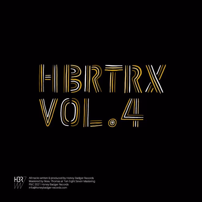 Honey Badger Records' "HBRTRX VOL. 4" album cover features stylized white and gold lettering on a black background, showcasing the label's dance music release. - midnightrebels.com