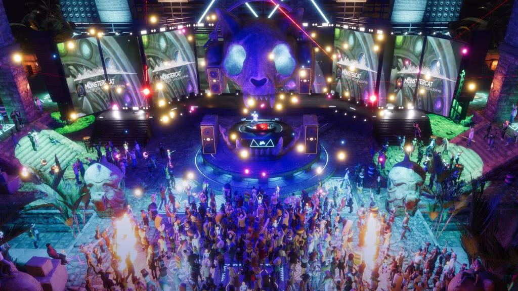 A virtual concert in Sansar features a DJ performing on a stage beneath a large, glowing cat skull, with a crowd of avatars dancing in a neon-lit environment. - midnightrebels.com