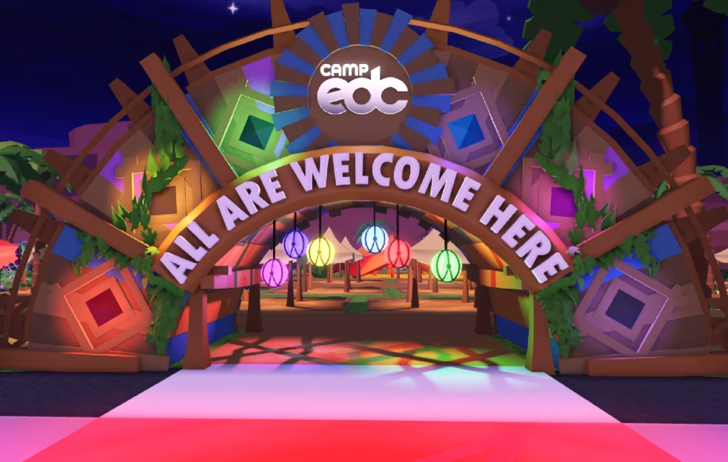 A colorful, stylized entrance to the Camp EDC metaverse music festival welcomes attendees with bright lights, palm trees, and an "All Are Welcome Here" sign. - midnightrebels.com