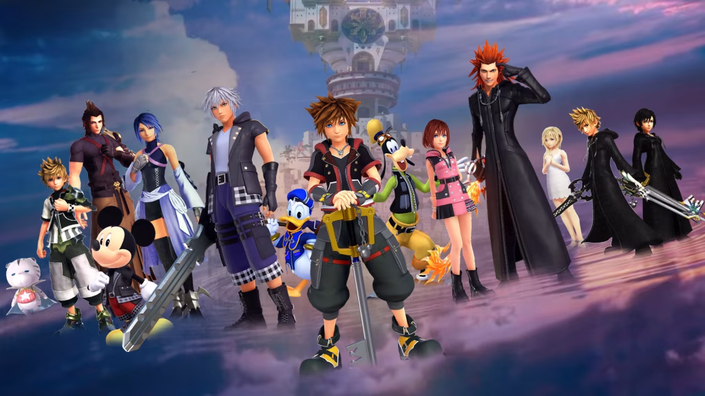 The image features a group of characters from the Kingdom Hearts video game series standing against a backdrop of a sky and a castle, relevant to electronic music soundtracks in video games. - midnightrebels.com