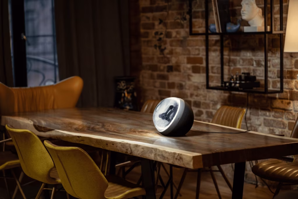 A ferrofluid speaker with black goo reacting to music sits on a wooden table in a stylish, dimly lit room with brick walls. - midnightrebels.com