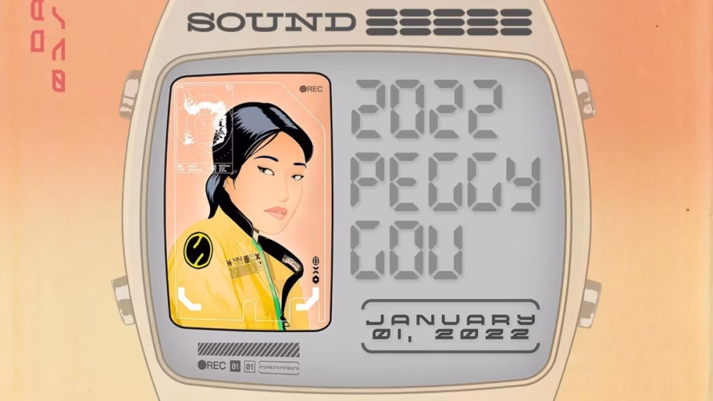 Promotional image for Peggy Gou's 2022 kick-off show at Sound Nightclub in Hollywood, featuring an illustrated portrait of the DJ displayed on a retro-futuristic watch-like screen alongside the event details. - midnightrebels.com