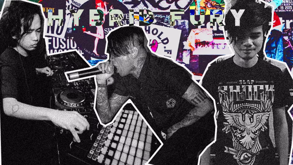 "The Need to Breathe" is visually represented by three band members – a DJ manipulating equipment, a vocalist singing into a microphone, and another bandmate – set against a backdrop of layered posters and graphic elements, creating a collage-like effect for the "Hybrid Fury" article. - midnightrebels.com