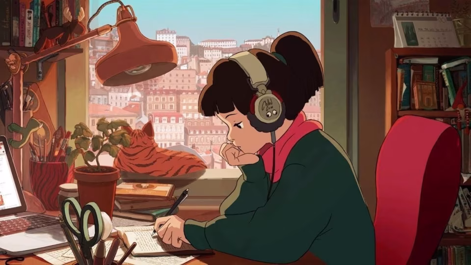 Lofi Girl, wearing headphones, studies at her desk with a cat and city view in the background, representing the YouTube channel reinstated after an apology. - midnightrebels.com