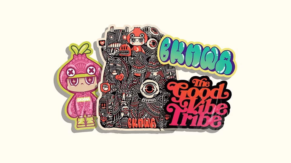 The image features colorful stickers and illustrations by BKNWA, including a character in an onion-like suit, a densely patterned group of figures, the text "BKNWA", and "The Good Vibe Tribe". - midnightrebels.com