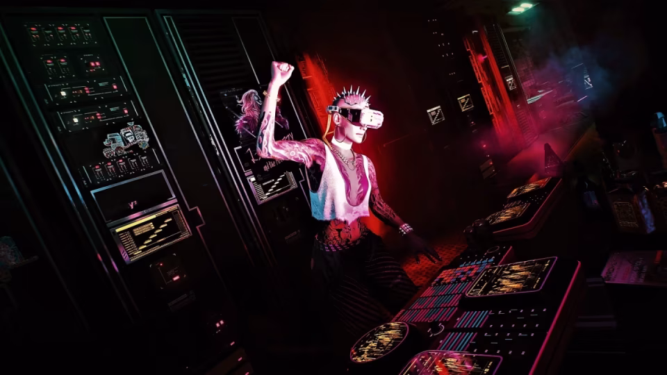 A tattooed, VR-headset-wearing DJ with a spiked headband controls music on a futuristic console in a neon-lit, cyberpunk-style setting. - midnightrebels.com