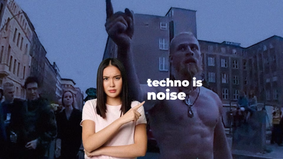 An unimpressed woman points to the right at an image of a bare-chested man with the text "techno is noise" superimposed, suggesting a negative opinion of techno music. - midnightrebels.com