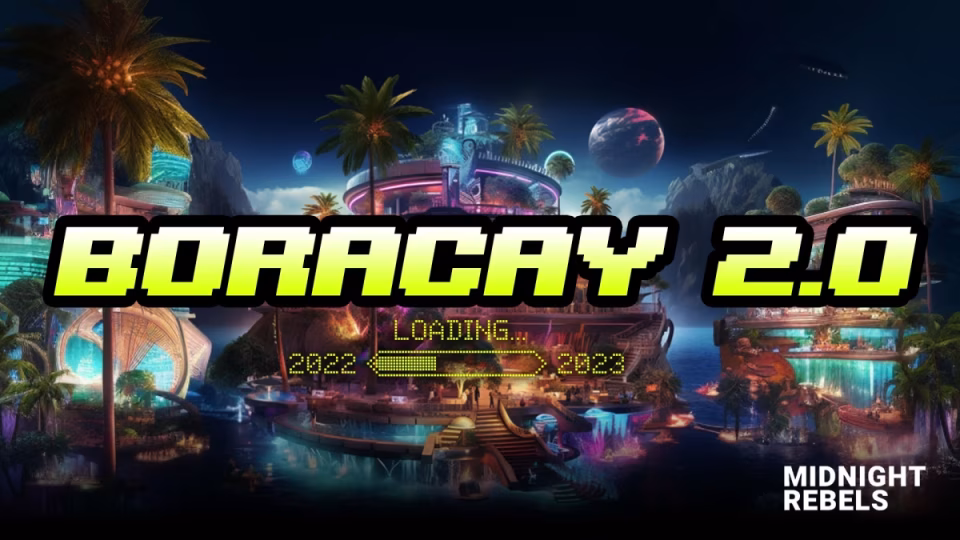 The image depicts a futuristic "Boracay 2.0" island resort concept with neon lighting, lush tropical vegetation, and digital-style graphics, hinting at a revitalized party destination. - midnightrebels.com