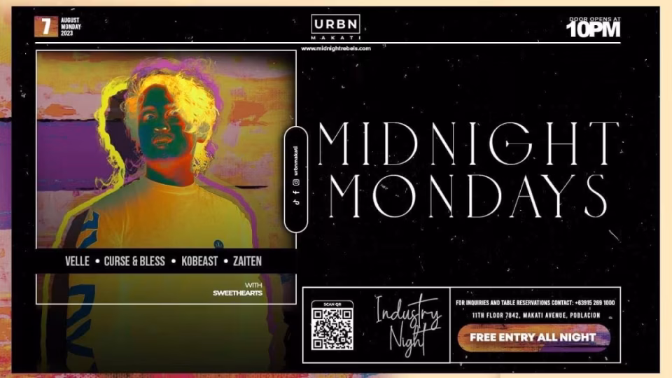 URBN Makati event flyer for Midnight Mondays on August 7, 2023, featuring Velle, Curse & Bless, Kobeast, and Zaiten, with an artistic rendering of a person, event details, and promotional text. - midnightrebels.com