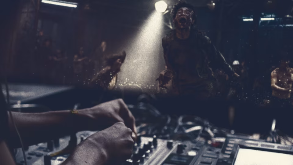 A DJ works the mixing board as zombies approach in a dimly lit, apocalyptic club setting. - midnightrebels.com