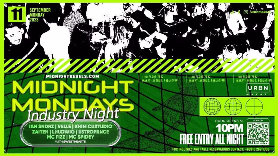 Flyer promoting 'Midnight Mondays Sept 11' at URBN Makati with DJs Ian Sndrz, Velle, Lhudwig, and Khim Custodio, featuring a crowd graphic and event details. - midnightrebels.com