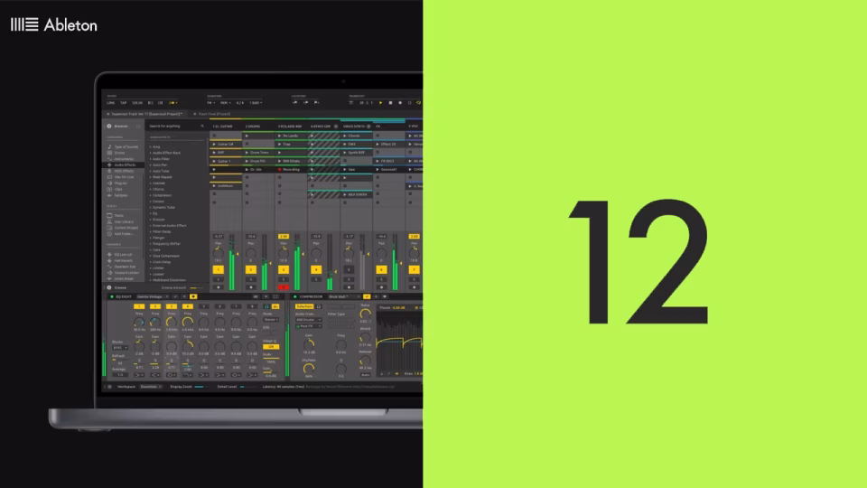 The image showcases Ableton Live 12, displaying the software interface on a laptop screen next to a bold, lime green number "12". - midnightrebels.com