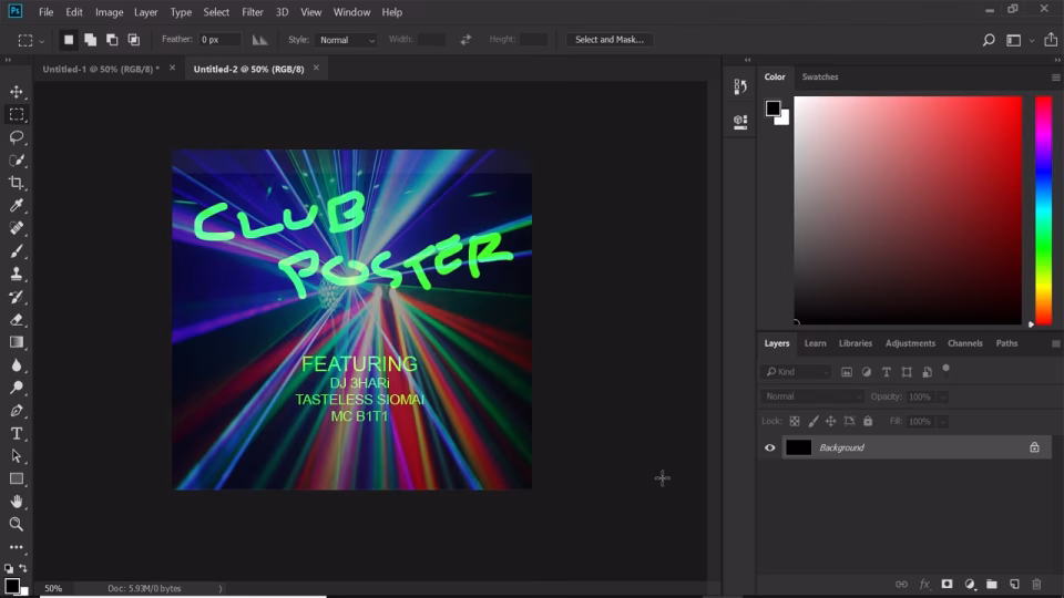Screenshot of Adobe Photoshop showing a club poster design with bright neon colors and laser lights, featuring DJs and MCs. Demonstrates the digital creation process of nightlife marketing materials. - midnightrebels.com
