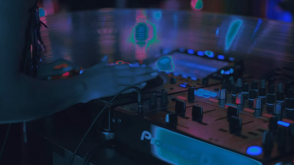 Close-up of a Pioneer DJ console with a Filipino DJ's hand adjusting the controls, under neon club lighting, symbolizing the performance and fabricated drama associated with the pursuit of online clout within the Filipino DJ scene. - midnightrebels.com