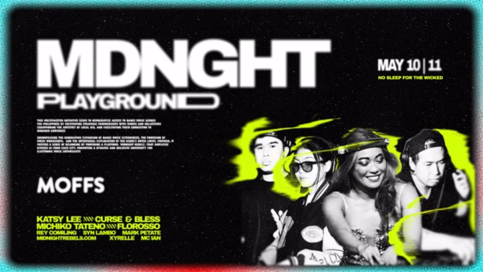 Promotional poster for Midnight Playground Tour featuring MOFFS in Butuan City on May 10-11. Features headlining DJs and artists. - midnightrebels.com