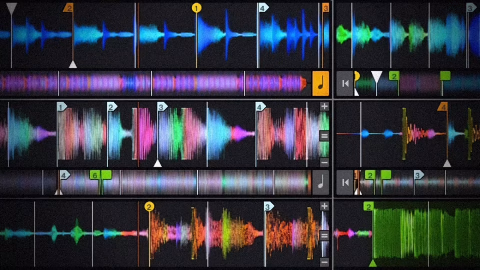 Screenshot of DJ software interface showing multiple audio waveforms with cue points marked, illustrating the concept of pre-cued tracks for sale. - midnightrebels.com