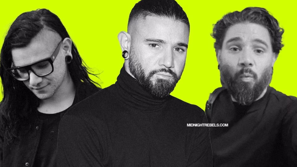 Collage showing different Skrillex hairstyles across his career, from his signature long, side-swept look with glasses to shorter, more modern cuts with a beard, set against a vibrant yellow background. - midnightrebels.com