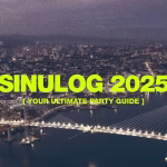 Aerial view of Cebu City at night, featuring the Cebu-Cordova Link Expressway (CCLEX) bridge illuminated. The text overlay reads 'Sinulog 2025: Your Ultimate Party Guide', promoting upcoming Sinulog Festival celebrations. - midnightrebels.com