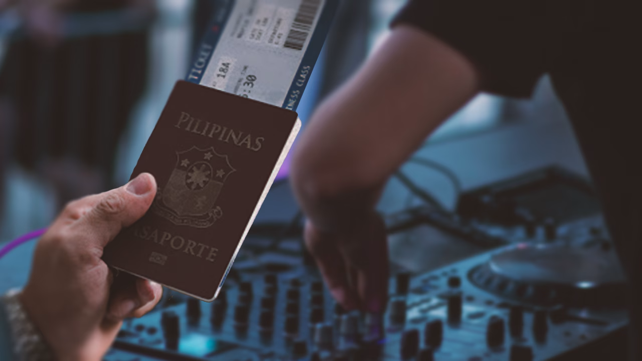 Filipino DJ holding passport and airplane ticket, symbolizing opportunity for UK skilled worker visa. Blurred DJ mixer in background suggests professional aspirations. - midnightrebels.com