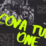 Flyer celebrating Cova's first anniversary with a black and white photo of a lively dance floor crowd and bold neon green text stating "Cova Turns One" and the date "May 23, Friday". The flyer emphasizes Cova's role as a community hub for house and techno music. - midnightrebels.com
