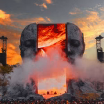 A massive Tomorrowland stage features two stone faces bisected by a screen showing fiery imagery, with smoke, fountains, and a crowd creating a vibrant festival atmosphere against a sunset sky. - midnightrebels.com