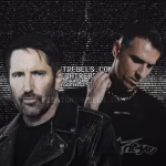 Nine Inch Nails' Trent Reznor and Boys Noize pose in a dark, grainy promotional image, likely related to their musical collaboration, set against a glitchy background. - midnightrebels.com