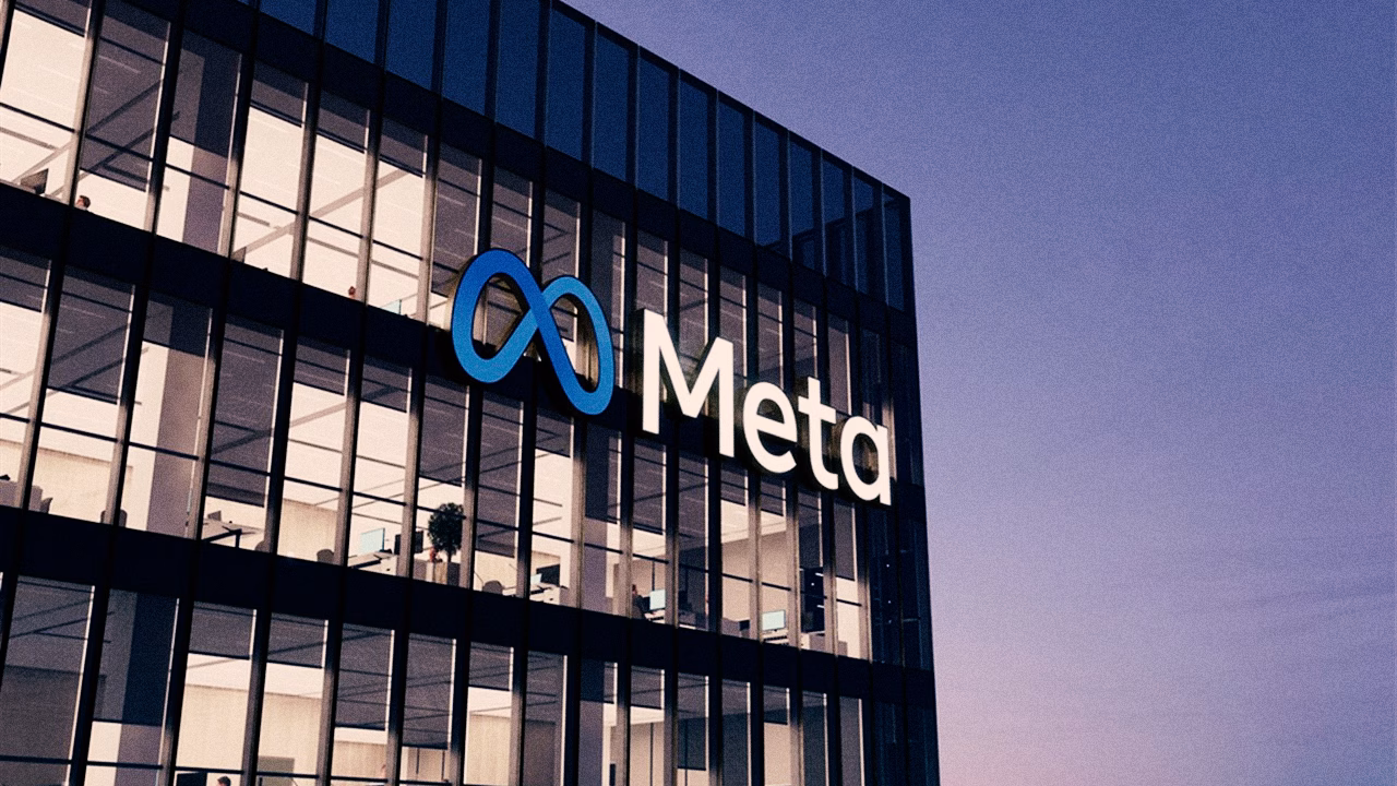 Meta headquarters exterior view at dusk.