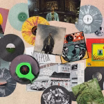Colorful vinyl records and album covers arranged in a collage.