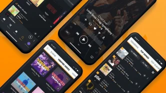 Music streaming app interface showcasing trending songs and playlists.