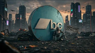 Post-apocalyptic robot, "Human Music Only" flag, and broken BitCoin symbol.