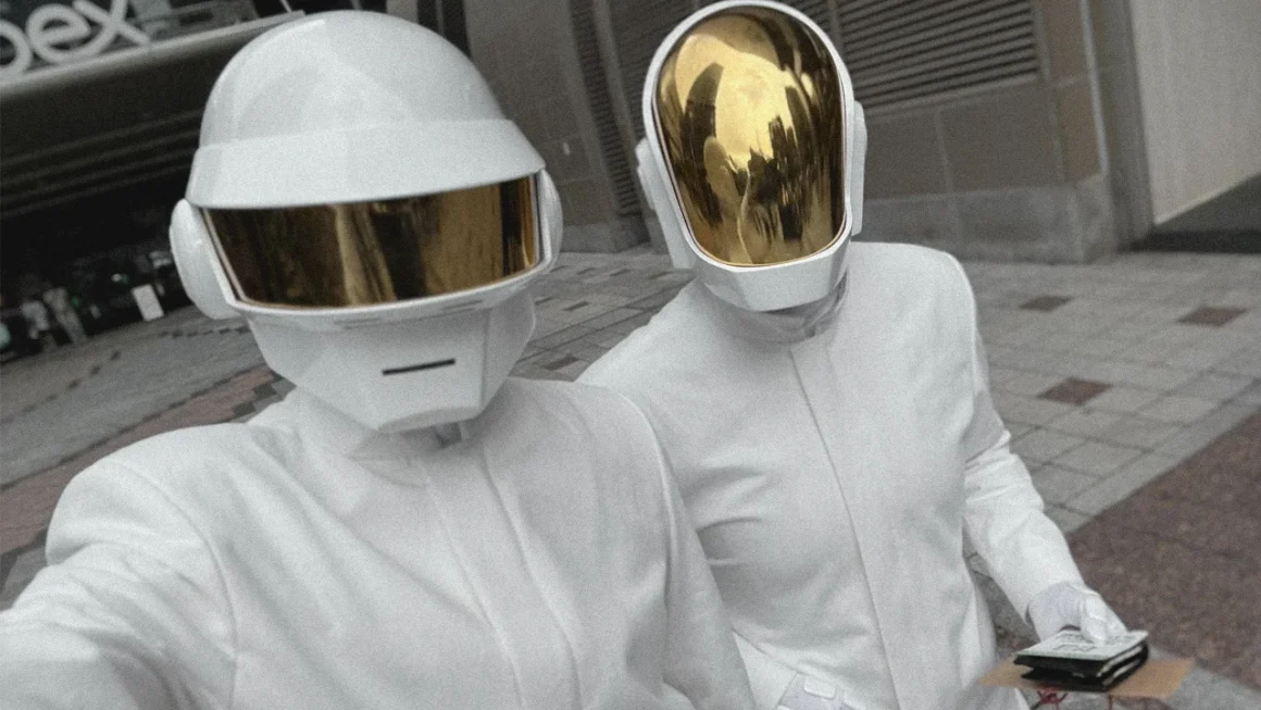 Daft Punk-inspired duo, white suits, gold helmets, street setting.