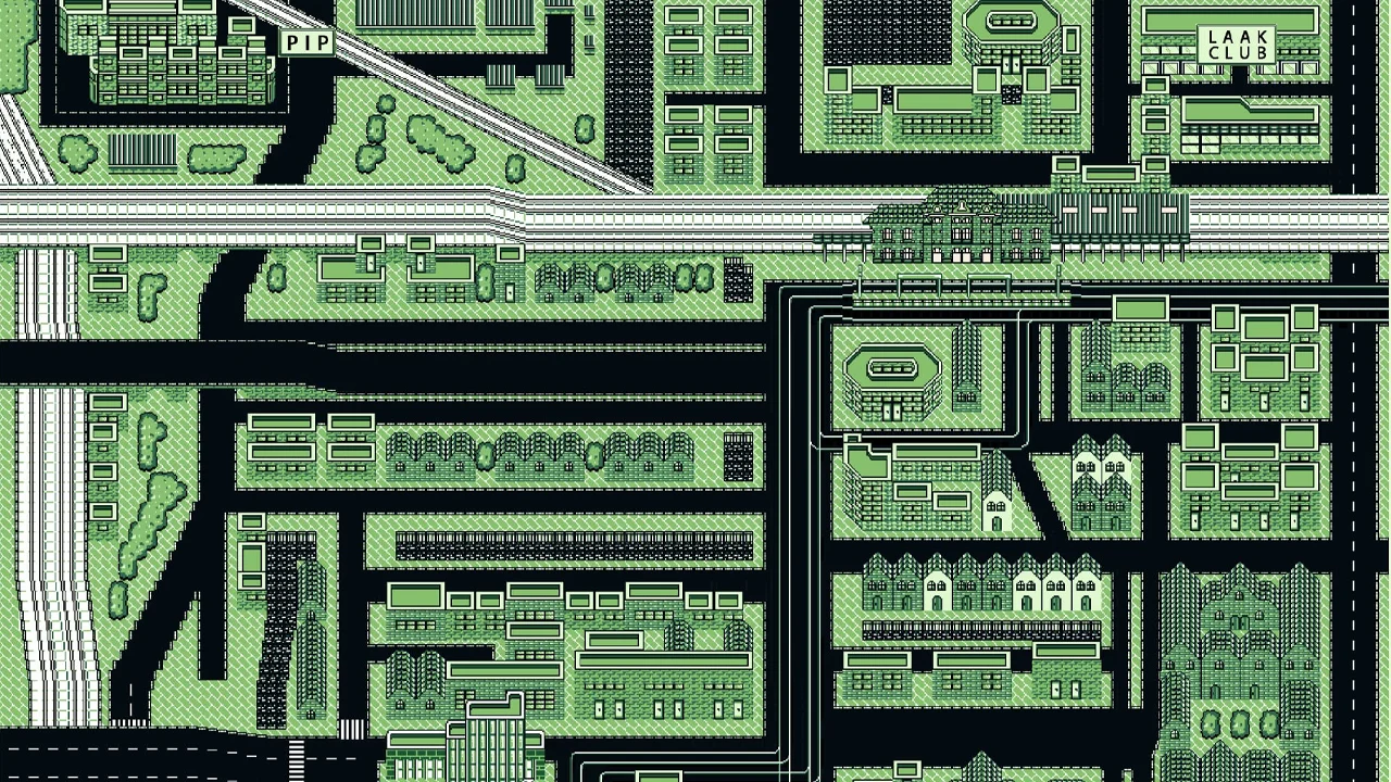 Retro pixel art map of a city with buildings and roads.