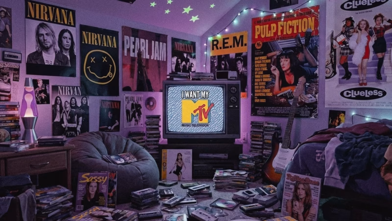 Nineties teen bedroom, posters, lava lamp, MTV, cassettes, CDs, magazines.