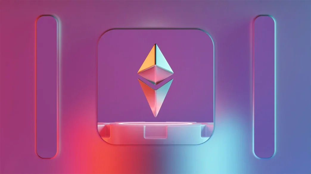Ethereum cryptocurrency symbol on a neon platform, vibrant colors.
