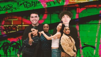 Diverse group portrait against graffiti wall; fashion and urban style.