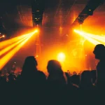 Crowd silhouetted under stage lights at a concert venue.
