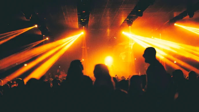 Crowd silhouetted under stage lights at a concert venue.