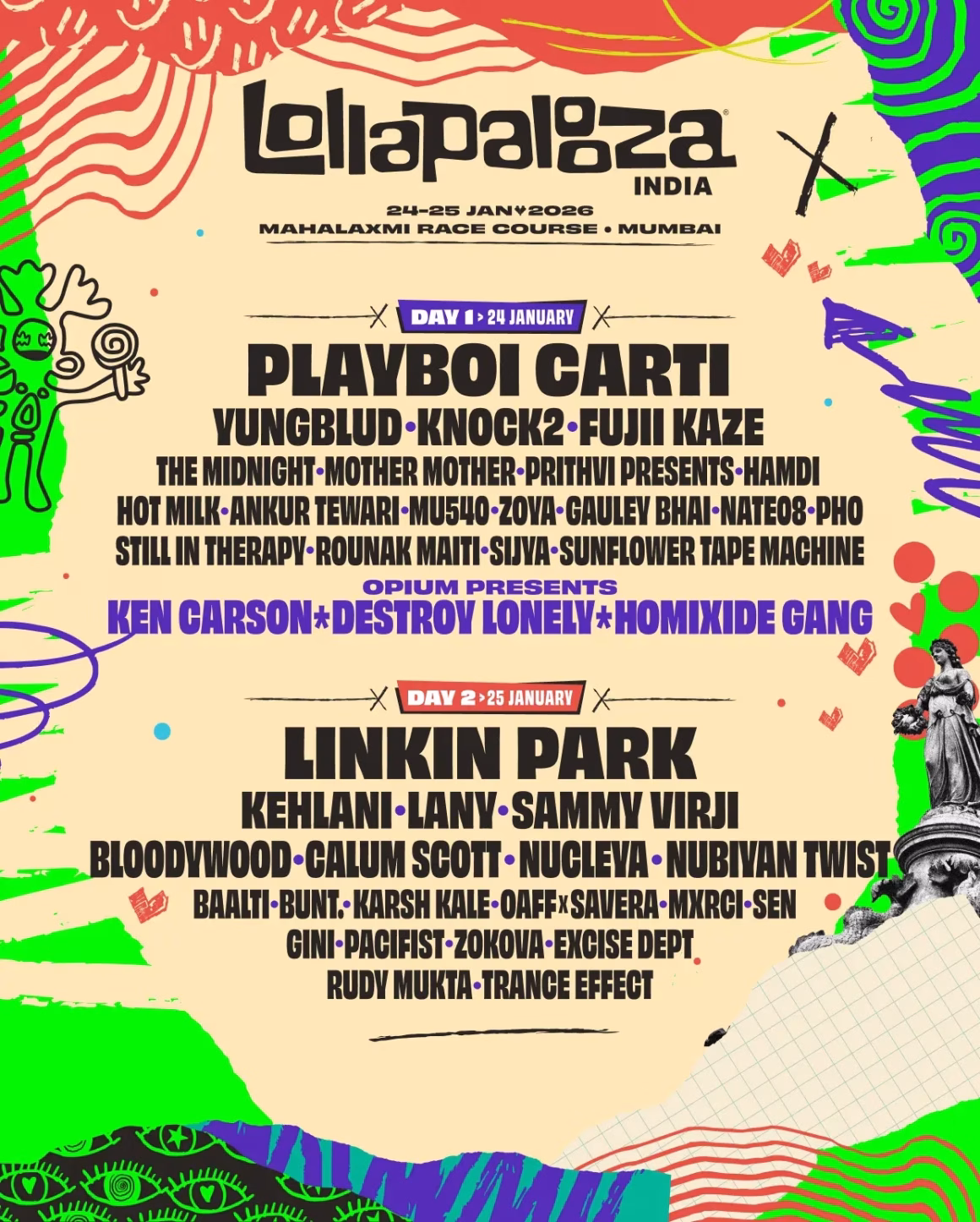 Lollapalooza India 2026 lineup: Playboi Carti, Linkin Park, more.