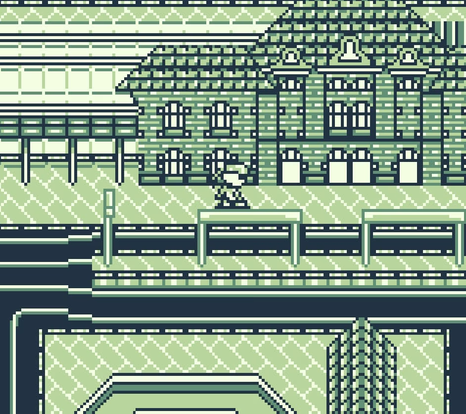 Pixelated train station with a character walking on the platform.