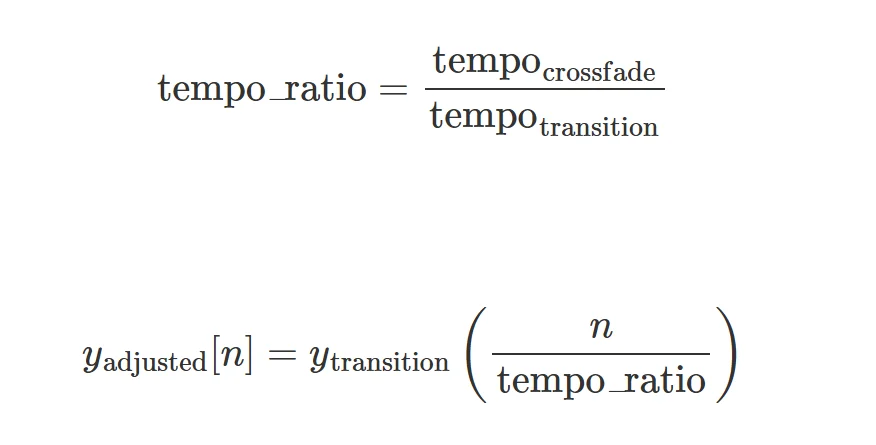 Mathematical equations for calculating tempo ratio and adjusted values in a transition, featuring variables tempo_crossfade, tempo_transition, y_transition, and index n.