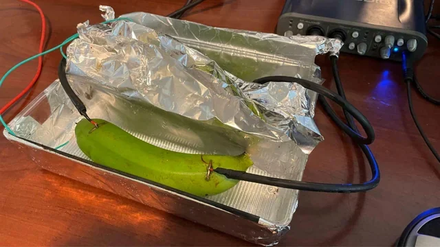 A green banana connected with wires to a foil-covered tray, placed on a wooden surface, with electronic equipment visible in the background.