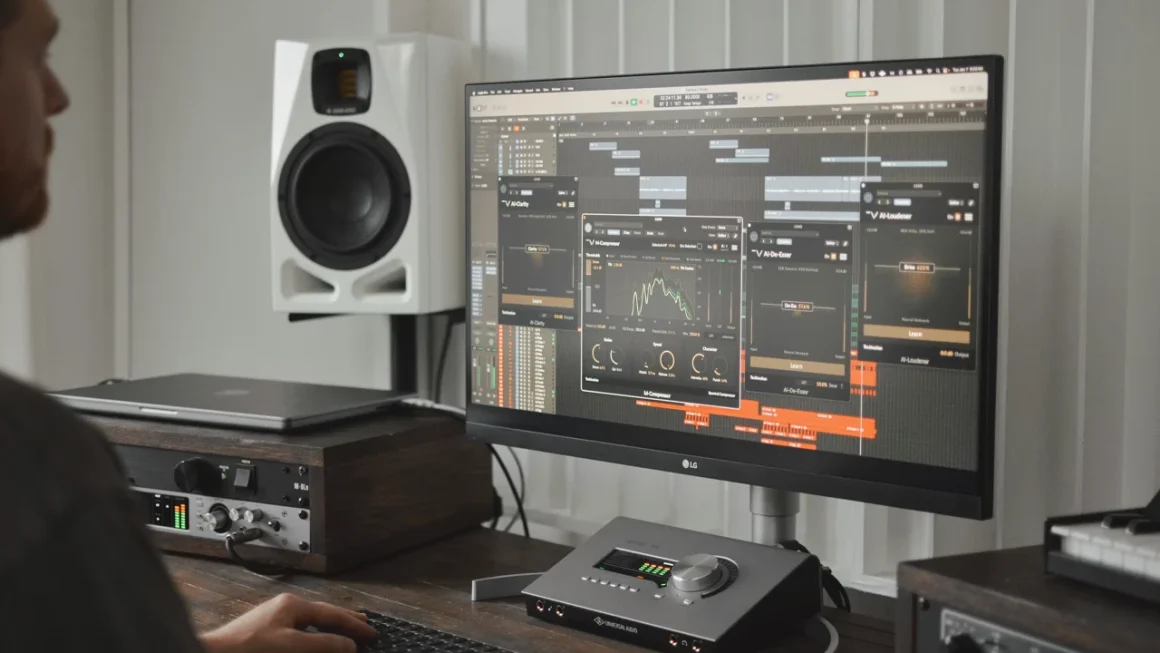 Studio setup with music production monitor displaying DAW software, professional speakers and audio equipment on desk