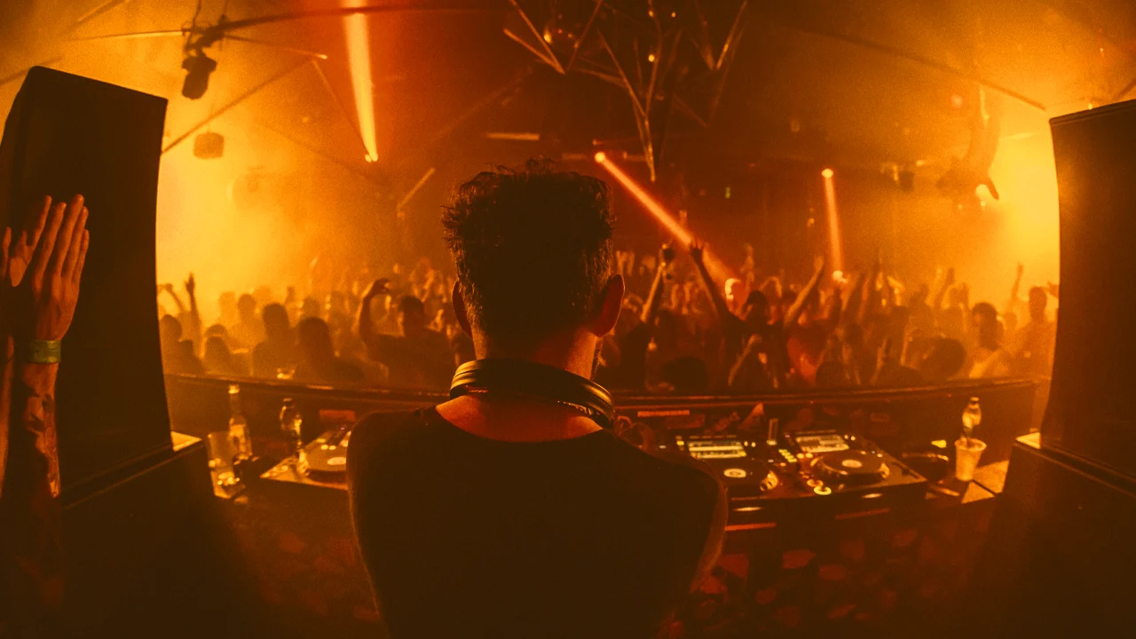 DJ performing with mixer at nightclub with warm orange lighting and crowd in background