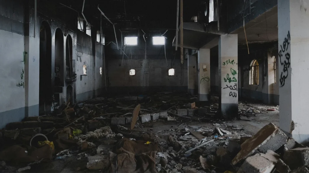 Abandoned destroyed warehouse interior with debris rubble and broken windows depicting urban decay and devastation