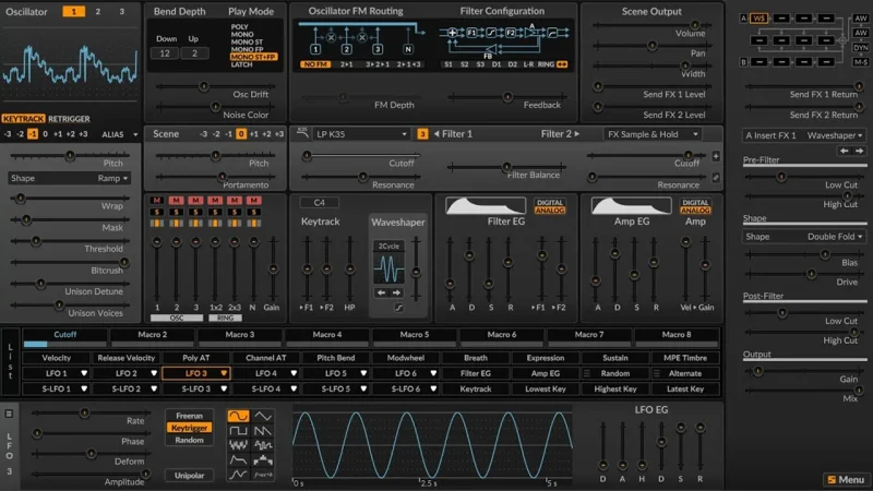Digital synthesizer interface with oscillators, filters, envelopes, modulation settings, and waveform visualizations
