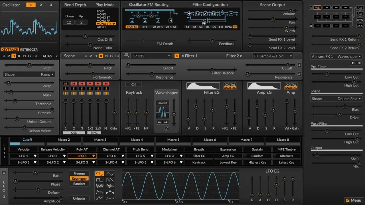 Digital synthesizer interface with oscillators, filters, envelopes, modulation settings, and waveform visualizations